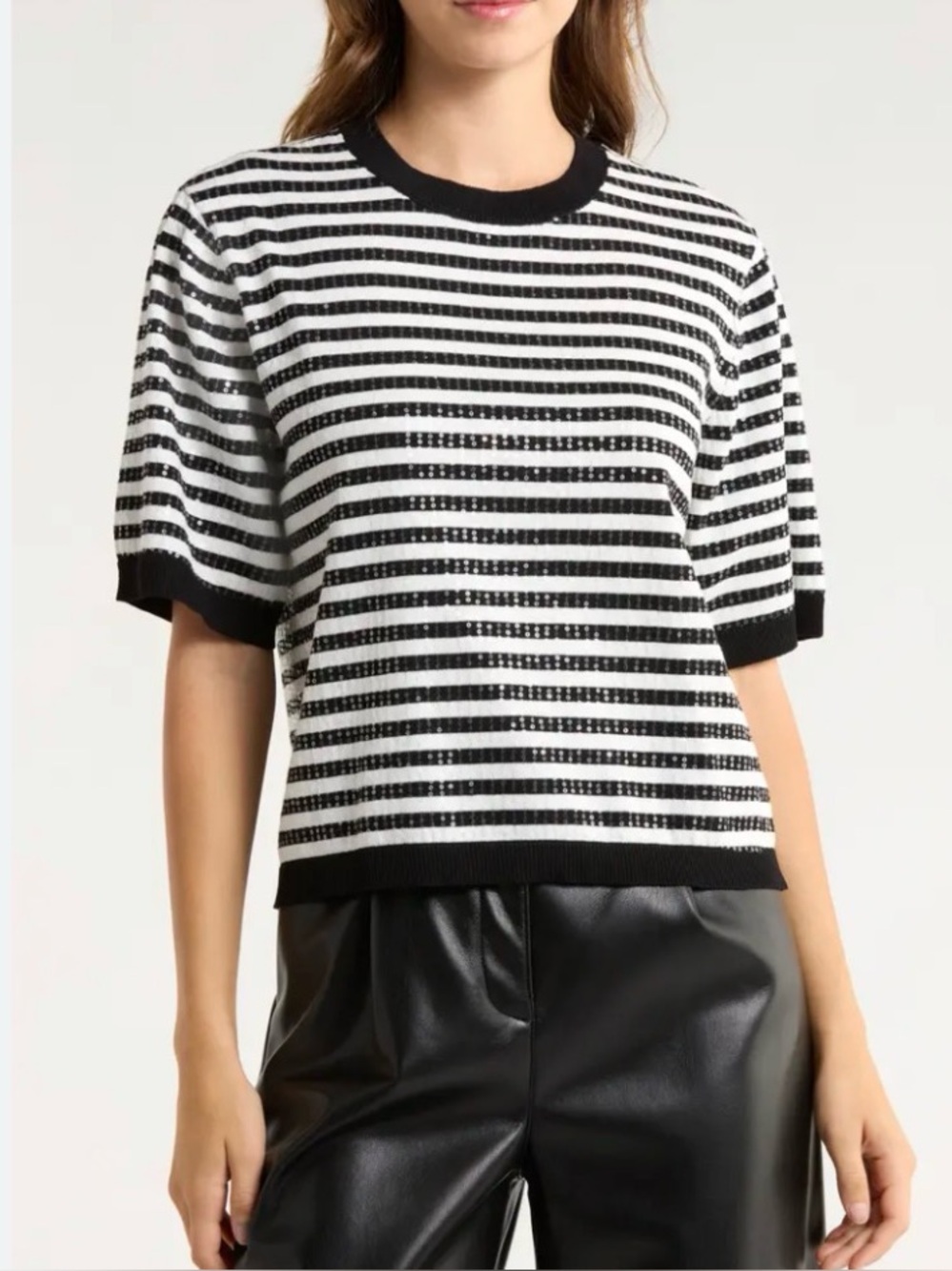 Sanctuary black/white striped knit sequined sweater -L